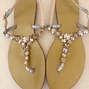 Emanuela Caruso Clear Jeweled Gold Leather Thong Flat Slingback Sandals